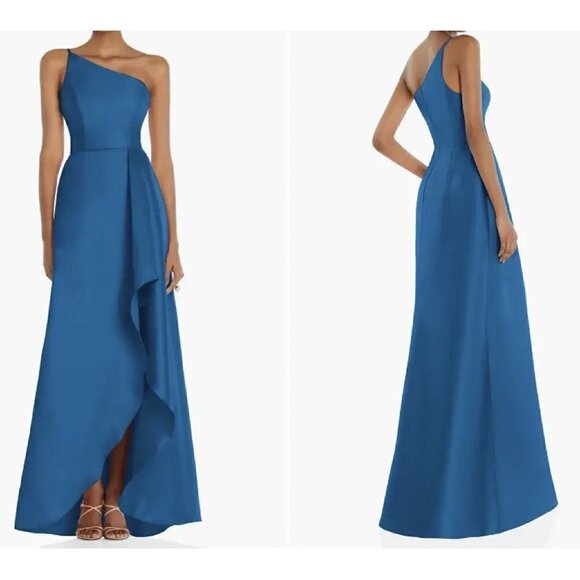 ALFRED SUNG Strapless Satin Classic High Low Hem Dress in Classic Blue Size US 0 - Picture 1 of 7